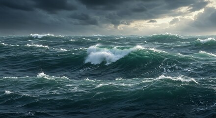 Obraz premium Rough Sea with Waves Under Stormy Sky