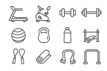 Fitness equipment line icon set. Gym tools for exercise and workout collection. Vector outline symbols for sport training, bodybuilding, cardio and healthy lifestyle.