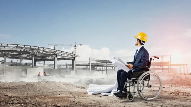 Architect in a wheelchair at the construction site.