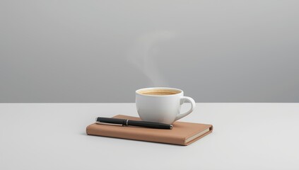 Enjoy a steaming cup of coffee and a pen on a journal, perfect for work or study inspiration.