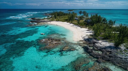 Obraz premium Seascape Aerial View of Exotic Beach, Turquoise Water, White Sand, and Lush Greenery on Tropical Island