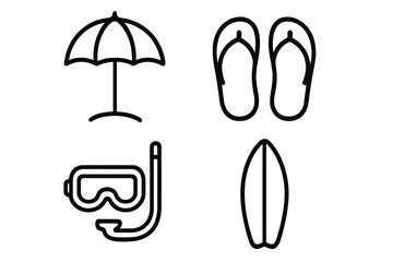 Beach icon set for summer vacation. Minimalist line art collection with umbrella, flip flops, snorkel mask, and surfboard. Vector symbols for travel, holiday, and water sports.