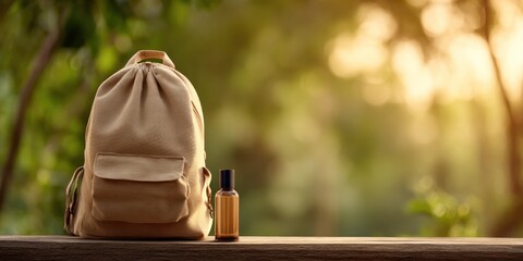 Beige Backpack and Bottle in a Tranquil Nature Setting