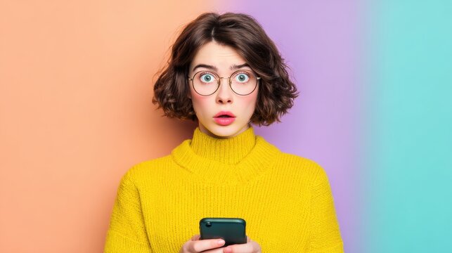 Surprised young woman in round glasses and a yellow sweater holding a smartphone against a pastel gradient wall.