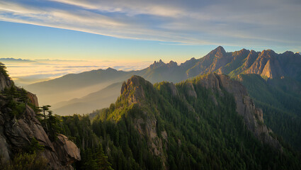 Obraz premium Beautiful morning clouds over a scenic mountain valley at sunrise and sunset