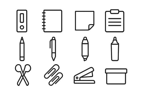 Minimalist office essentials icon set, outline stationery and organization tools, vector cartoon illustration, transparent background, ordered icons pack