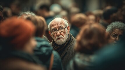 Elderly man with a beard standing in a crowd, looking thoughtfully into the distance.