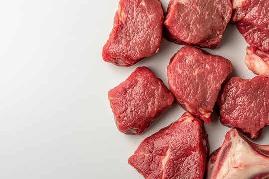 Fresh cuts of red beef arranged on a light surface, showcasing various shapes and textures, ideal for culinary uses and meal preparation.