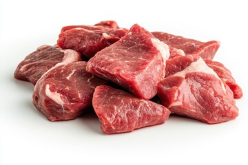 Obraz premium A pile of raw red meat pieces, showcasing a variety of shapes and textures, arranged on a white background.