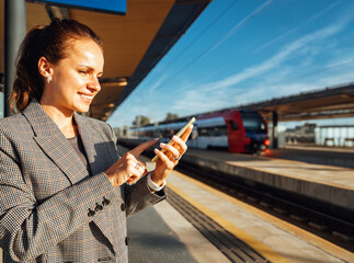 Smiling woman commuter checking mobile phone on railroad station platform.