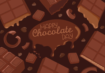 Chocolate holiday poster with chocolate bars, chunks and sprinkles. Vector illustration for International Chocolate Day, sweet shop promotion, advertising, dessert design on dark background