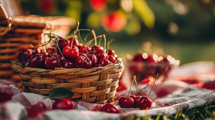 fresh red cherries in a woven basket on a picnic blanket outdoors.