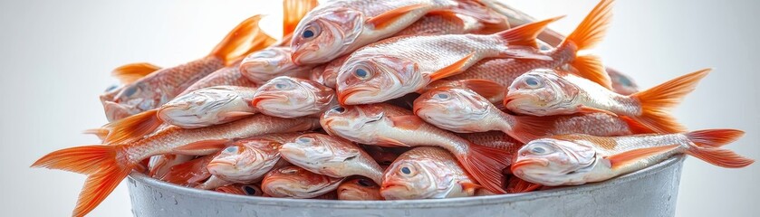 A pile of fresh fish arranged in a metal container, showcasing their vibrant colors and textures, ideal for culinary use or seafood market displays.