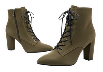 Olive green lace up heeled ankle boots isolated on transparent background