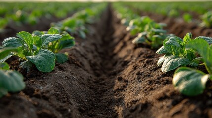 Young crop plants growing in cultivated soil rows on an agricultural field.