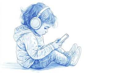 Child with headphones using smartphone technology addiction sketch