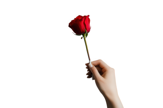 Female hand holding a single red rose isolated on transparent background in studio shot