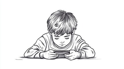 Kid gaming addiction on smartphone sketch illustration