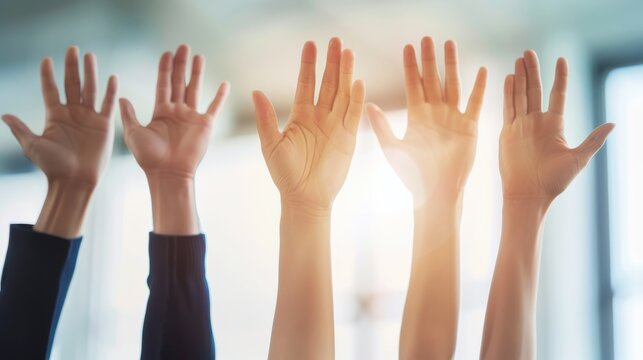 Diverse group of people raising hands in unison, symbolizing participation, agreement, voting, or asking questions - Powered by Adobe