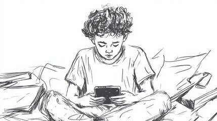 Boy frustrated with smartphone technology addiction sketch