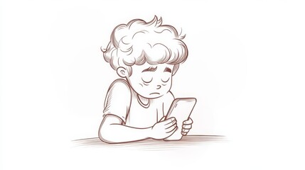 Cartoon boy sad looking at smartphone addiction illustration