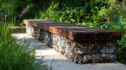 Modern stone and wood bench in green outdoor garden setting -  