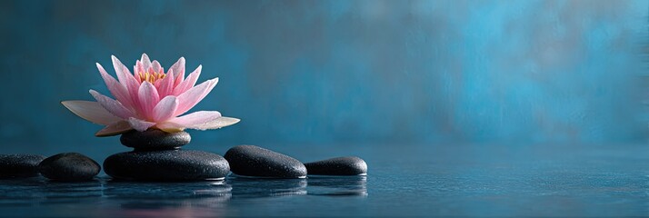 Pink lotus flower balanced on smooth dark stones, tranquil scene on a teal background