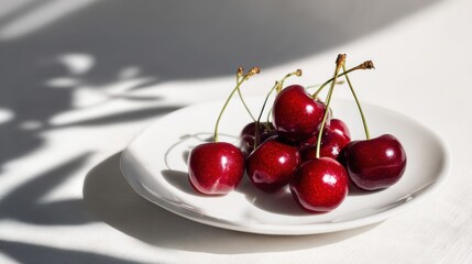 Plate with fresh cherries placed on a white surface in natural sunlight.