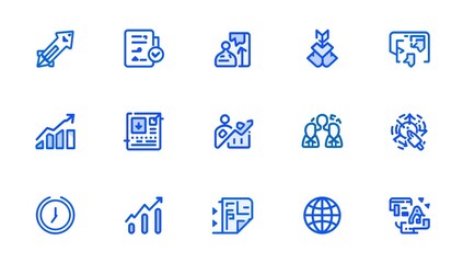 Dynamic business icons represent growth, strategy, teamwork, and global reach for modern success.