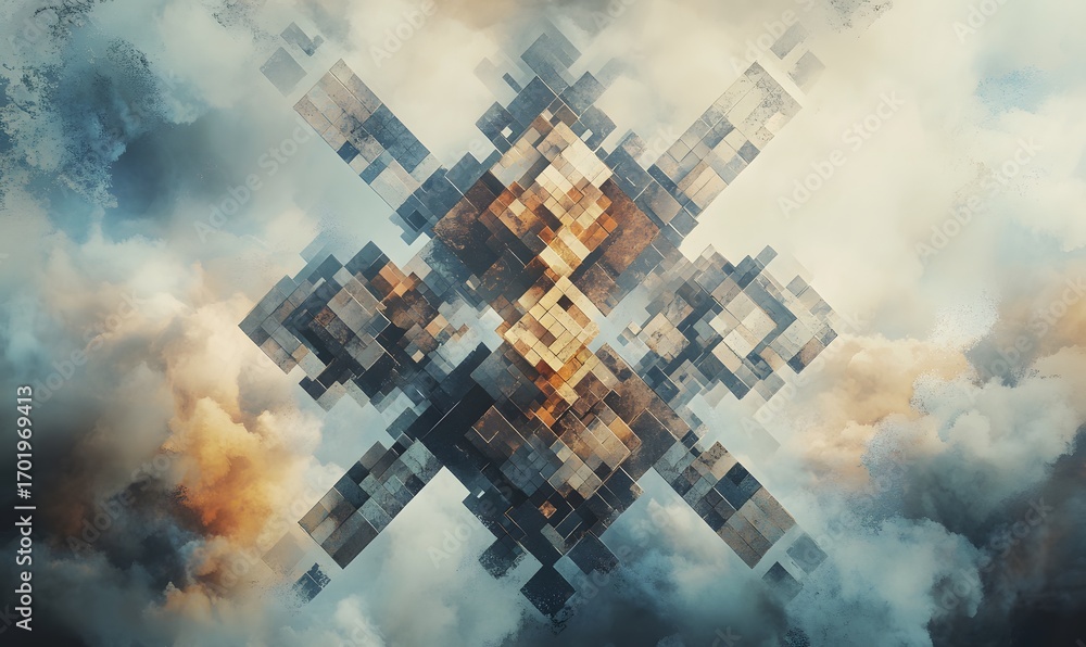 Poster a captivating abstract design showcasing a geometric pattern intertwined with soft cloud textures, p