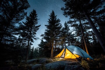 Tent illuminated at night in forest with starry sky