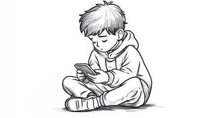 Sad boy sitting with smartphone addiction sketch illustration