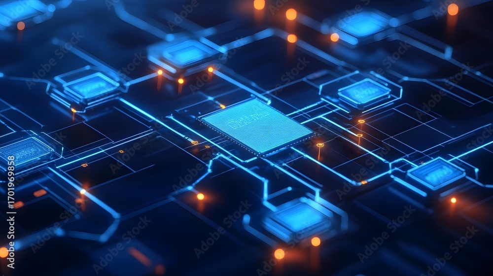 Poster a close-up view of a futuristic circuit board, featuring glowing blue patterns and orange lights. th