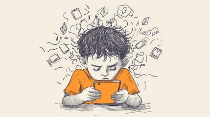 Frustrated boy overwhelmed by smartphone and digital media
