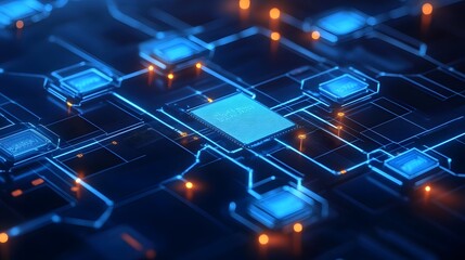 Fototapeta premium A close-up view of a futuristic circuit board, featuring glowing blue patterns and orange lights. This image represents advanced technology and innovation in modern electronics.