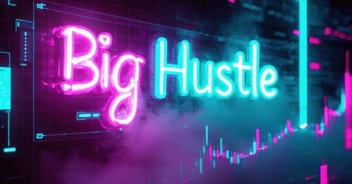Neon sign displays Big Hustle. Background shows digital data visualization, vibrant colors, smoke effects. Futuristic, energetic scene.