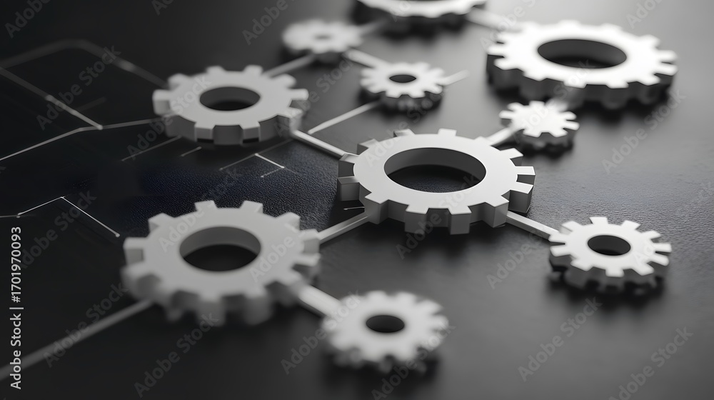 Poster a close-up view of interconnected gears on a black surface, symbolizing the mechanisms of innovation