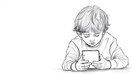 Child staring at smartphone showing digital addiction sketch