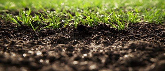 Fototapeta premium A close-up view of fresh green grass growing in rich brown soil, capturing the essence of nature and growth in a vibrant landscape, perfect for environmental themes.