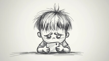 Cartoon boy sad and tired from smartphone addiction