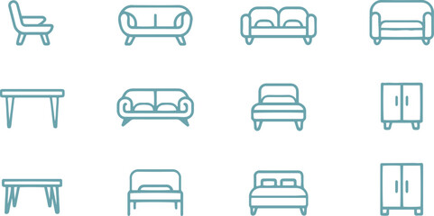 furniture icons in various style set. chair, table, sofa, interior decor vector illustration	
