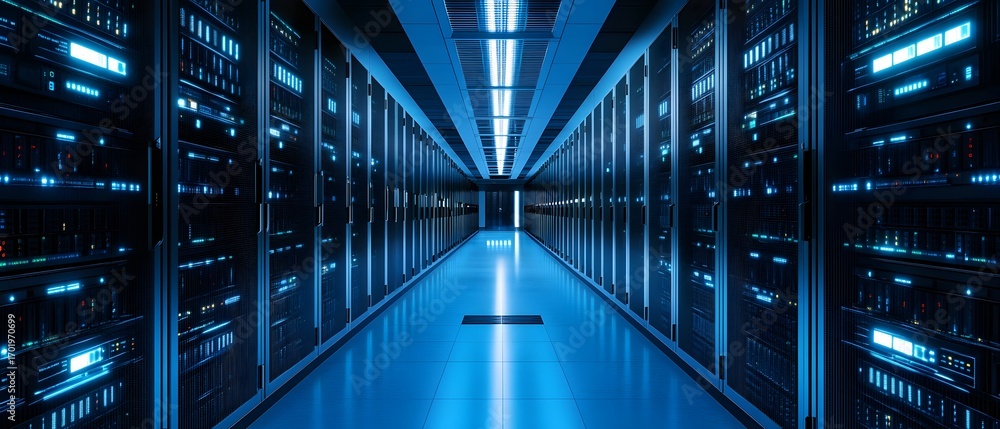 Poster a futuristic data center corridor illuminated by blue led lights, featuring rows of high-performance