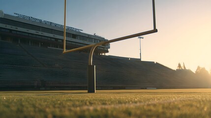 Football goalpost on empty stadium field under dramatic sunset lighting.