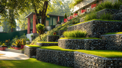 Fototapeta premium Modern terraced garden with stone walls and lush greenery 