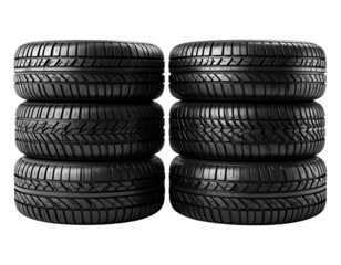  Set of Four Black Car Tires Isolated on White Background PNG
