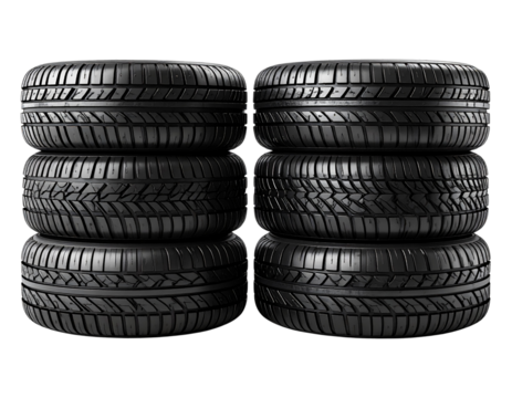  Set of Four Black Car Tires Isolated on White Background PNG