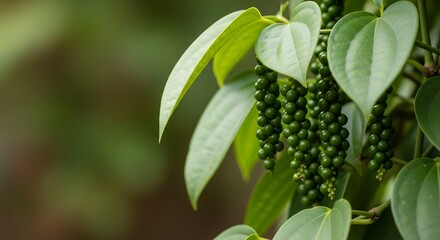Obraz premium Fresh green peppercorns growing on vine, natural bounty