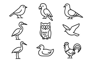 Bird outline icon set. Simple line art avian symbols collection. Includes parrot, owl, duck, rooster, pigeon, stork. Wildlife and nature vector pictogram for design elements.