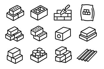 Building materials line icon set. Construction industry vector graphics. Bricks, concrete blocks, cement, and masonry tool outline collection. Isometric building supplies elements.