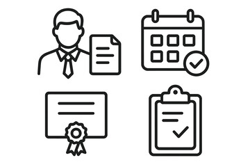 Business and office linear icon set. Employee with document, approved calendar schedule, achievement certificate, and task clipboard. Essential work and management symbols.